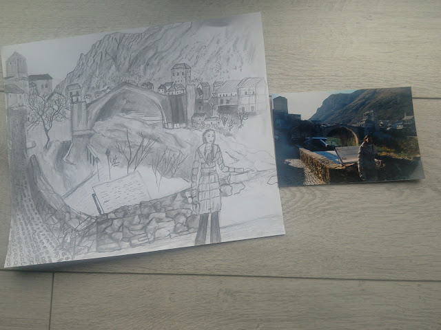 Pencil Drawing (The Making of): Outfit Post + Illustration (location Mostar, Bosnia and Herzegovina, old town and bridge)