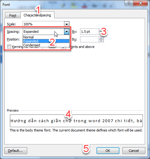 chỉnh khoảng cách giữa các từ trong word 2007