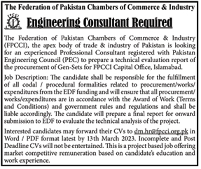 Latest Federation of Pakistan Chambers of Commerce and Industry Consultant Posts Islamabad 2023