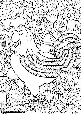 A coloring page of a rooster and mushrooms / Värityskuva kukosta ja sienistä