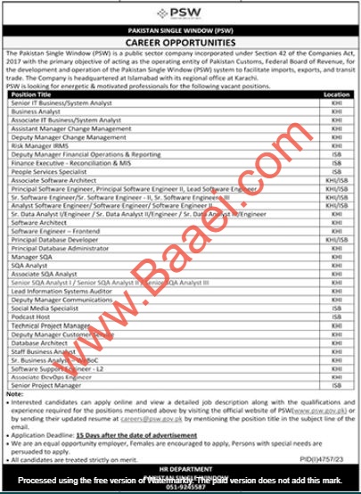 Open positions available at Pakistan Single Window PSW