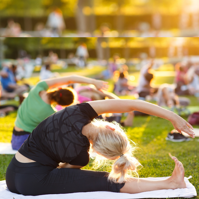 Menshcen beim Yoga auf einer Wiese