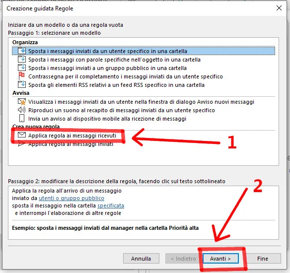 Creazione guidata posta Outlook