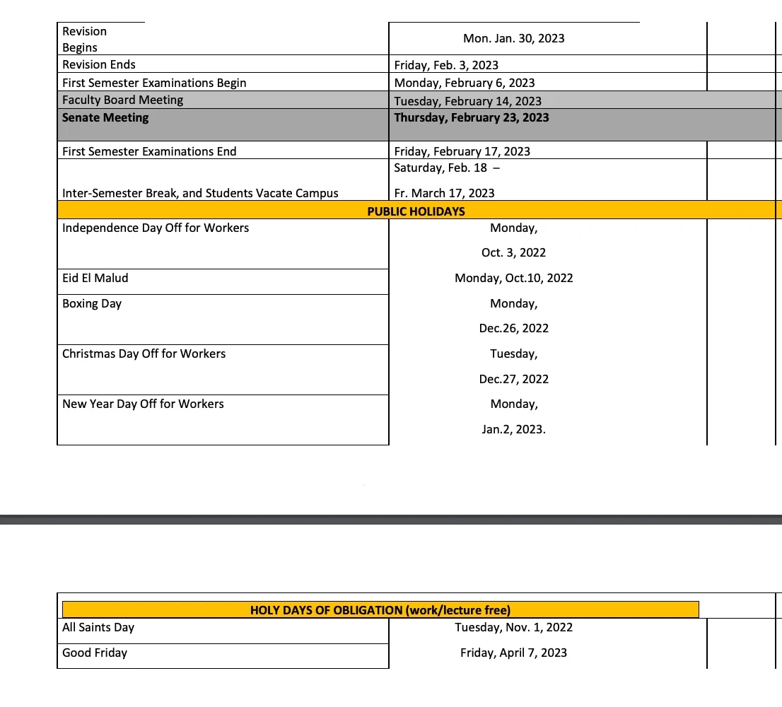 Veritas University Abuja Academic Calendar