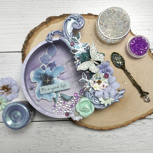 Mixed Media Altered Art: shaker element box made with Prima Marketing Watercolor Floral collection (paper, flowers, stickers, gems); Finnabair opal magic wax and paint, impasto, and metal succulent; Iron Orchid flourish design mould; Reneabouquets butterfly and beautiful beads in moonstone; and Pinkfresh essentials crystals