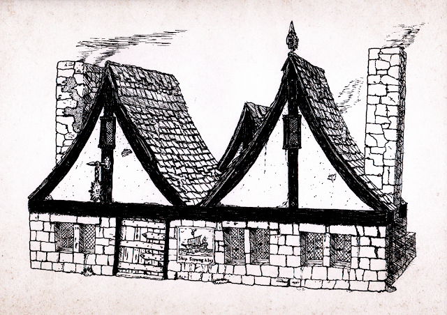 The image is a black ink line illustration on lightly aged paper. It depicts a medieval style building with a stone ground floor and two tall roof sections. There is a chimney at each end of the building with smoke rising from each. A heavy oak door sits under the apex of one of the roof sections, and a poster with a ship on it hangs next to the door.