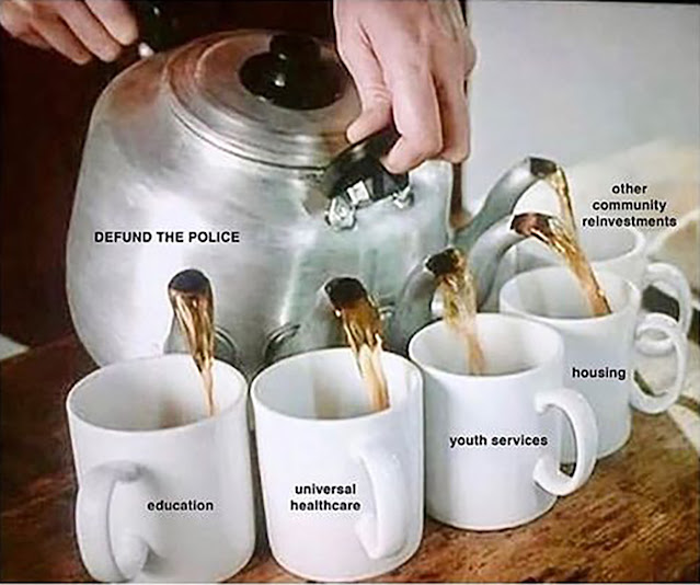 A large, multi-spout teapot labeled "Defund the Police" pours tea into cups marked "education," "universal healthcare," "youth services," "housing," and "other community reinvestments."