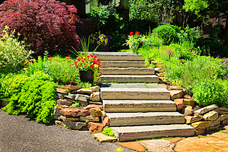 Escalera en jardines con plantas y flores