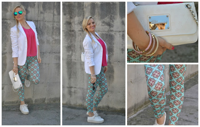 outfit leggings stampati blazer bianco sneakers bianche outfit primaverili outfit maggio 2016 mariafelicia magno fashion blogger blogger italiane 