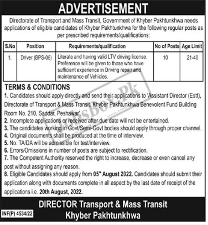 Directorate of Transport and Mass Transit KPK jobs 2022