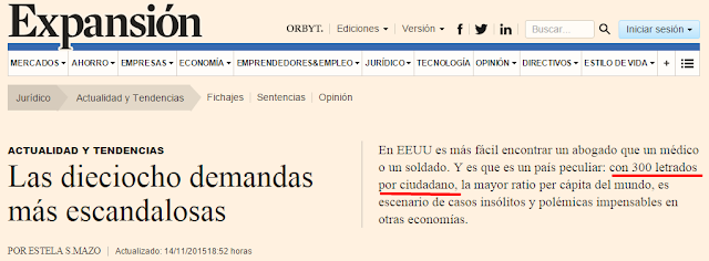 Imagen capturada de noticia en Expansión. Texto clave: "Y es que es un país peculiar: con 300 letrados por ciudadano..."