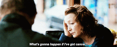 Lesley Manville Ordinary Love movie gif where she says "what's gonna happen if I've got cancer?"