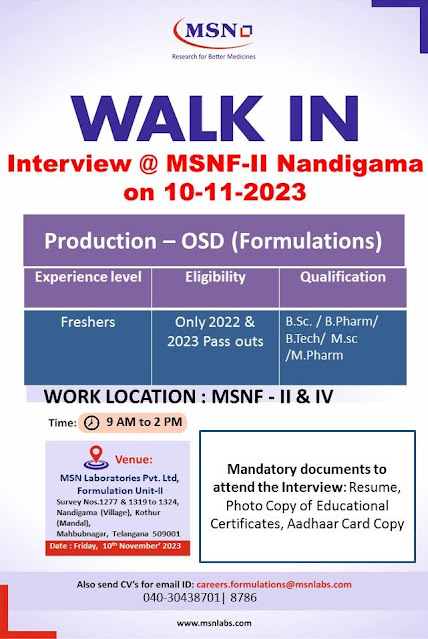 MSN Walk In Interview For Fresher BSc/ BPharm/ BTech/ MSc / MPharm - Production