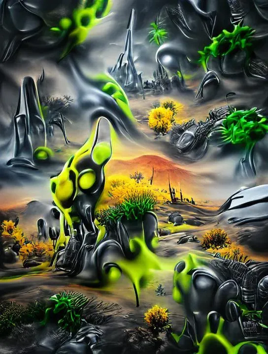 An eerie mutated landscape with distorted flora and fauna