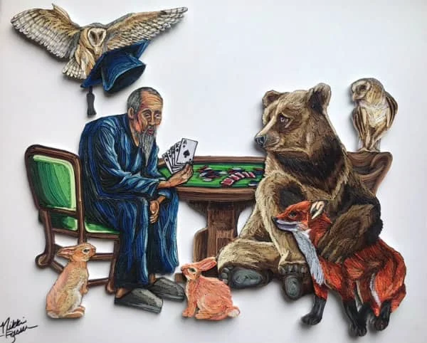 paper quilled portrait of elderly seated man wearing graduation robe holding playing cards with animals looking on and owl overhead holding graduation mortarboard