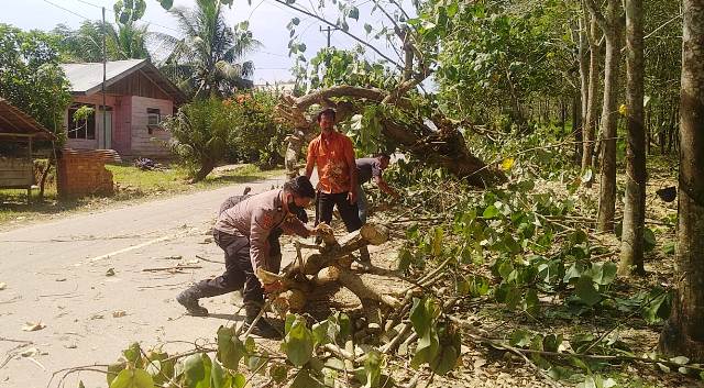 Bhabinkamtibmas Polsek Polsek Ranto Peureulak Polres Aceh Timur Bantu Warga Tebang Pohon