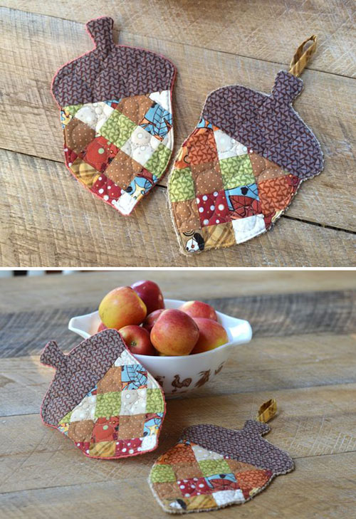 Patchwork Acorn Potholder - Tutorial + Free Quilt Pattern