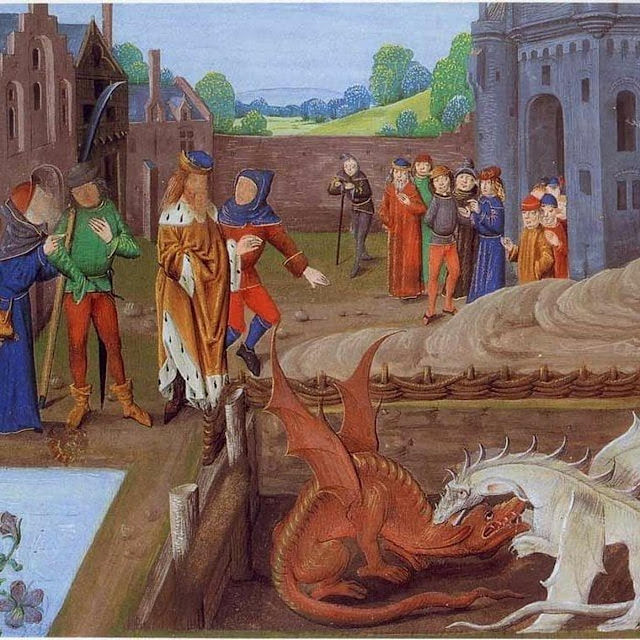 Вортигерн стоит на краю пруда, откуда появляются два дракона, красный и белый, которые сражаются в его присутствии