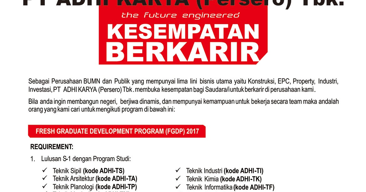 Lowongan Kerja BUMN Terbaru Fresh Graduate PT Adhi Karya 