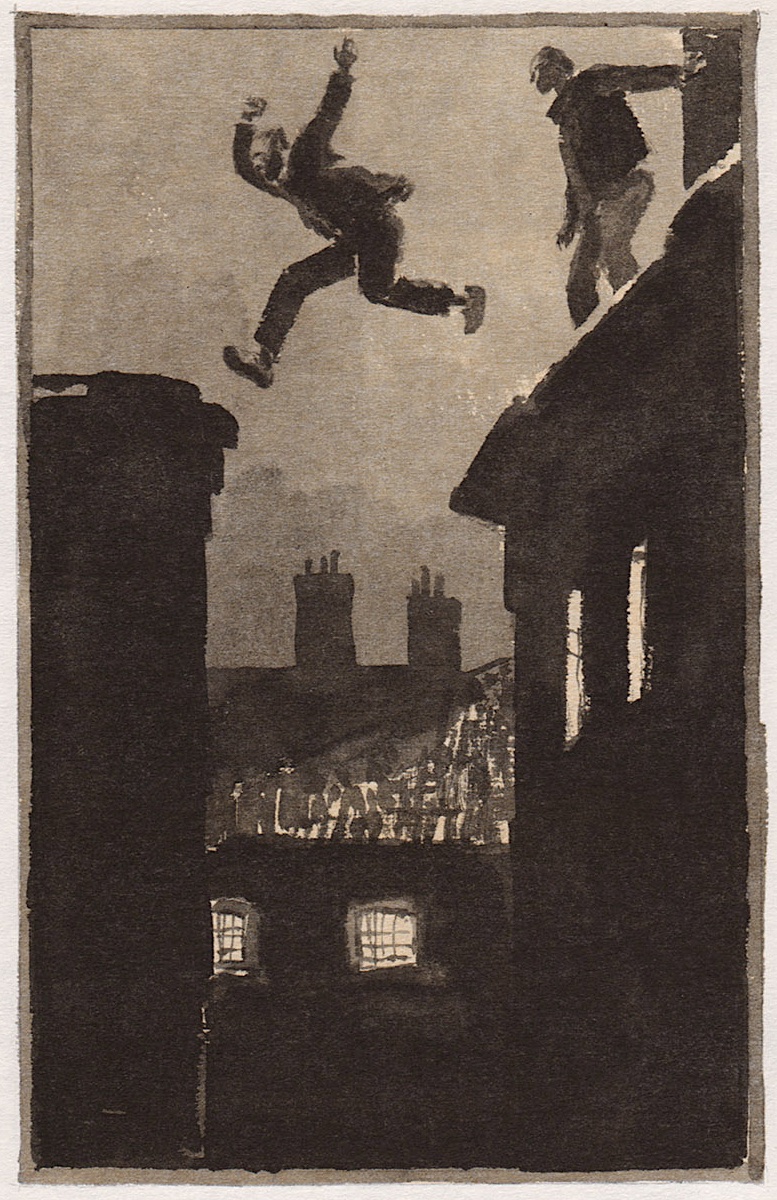 P. Pinkisevich art 1988, men leaping on rooftops at night