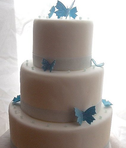 Blue butterfly wedding cake with Simple 3 tier White fondant Wedding Cake