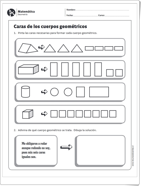 "Caras de los cuerpos geométricos" (Ficha de Matemáticas de Primaria)