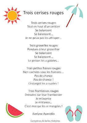 Trois cerises rouges - Paroles de la comptine pour enfants sur les fraises et framboises, fruits de l'été