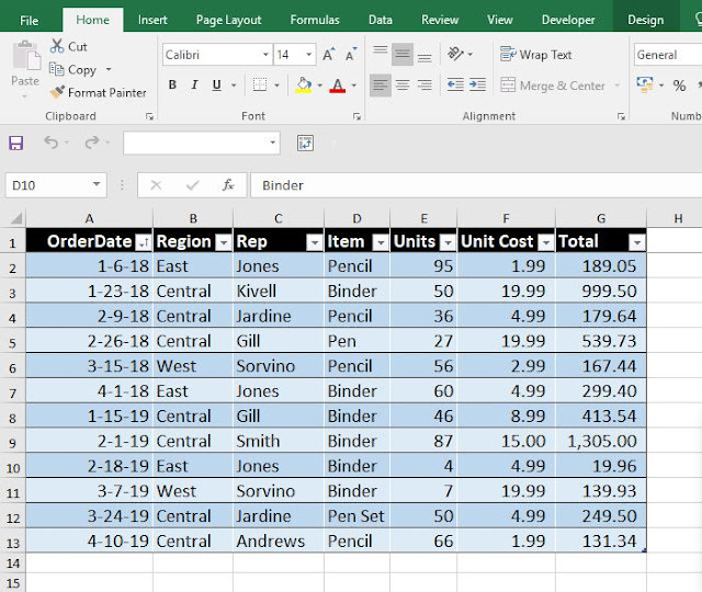 excel data table