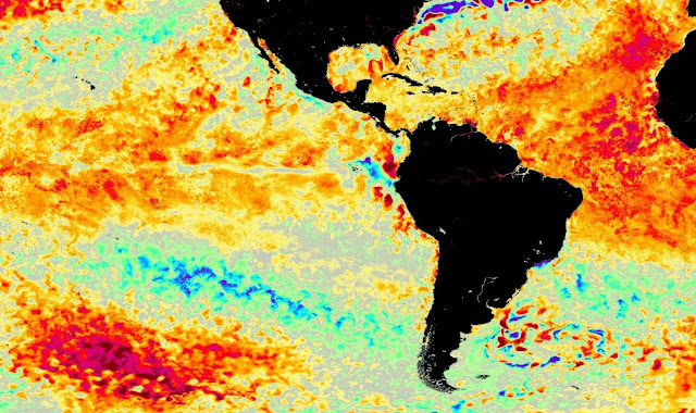 As águas superficiais do Pacífico Equatorial ainda estão mais quentes do que o habitual, porém, estão rapidamente perdendo calor com o enfraquecimento iminente do El Niño, que se aproxima do seu desfecho. (Fonte: NASA)