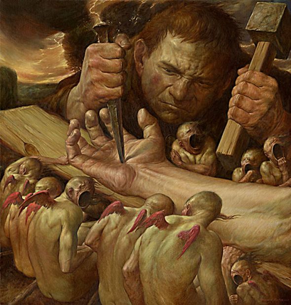 Viktor Safonkin pinturas surreais sombrias medievais mitológicas religião subconsciente A crucificação