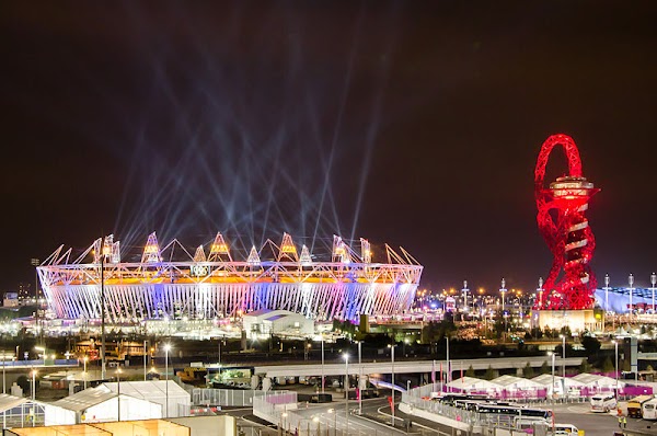 Highlighted Olympic stadium in London during 2012 Olympics Opening Ceremony