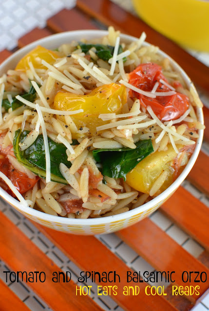 An easy to make meatless main dish or side! Tons of flavor and fresh ingredients! Tomato and Spinach Balsamic Orzo Recipe from Hot Eats and Cool Reads