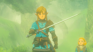 Link holding the Master Sword with Zelda at this side, in the outfits from the game's intro