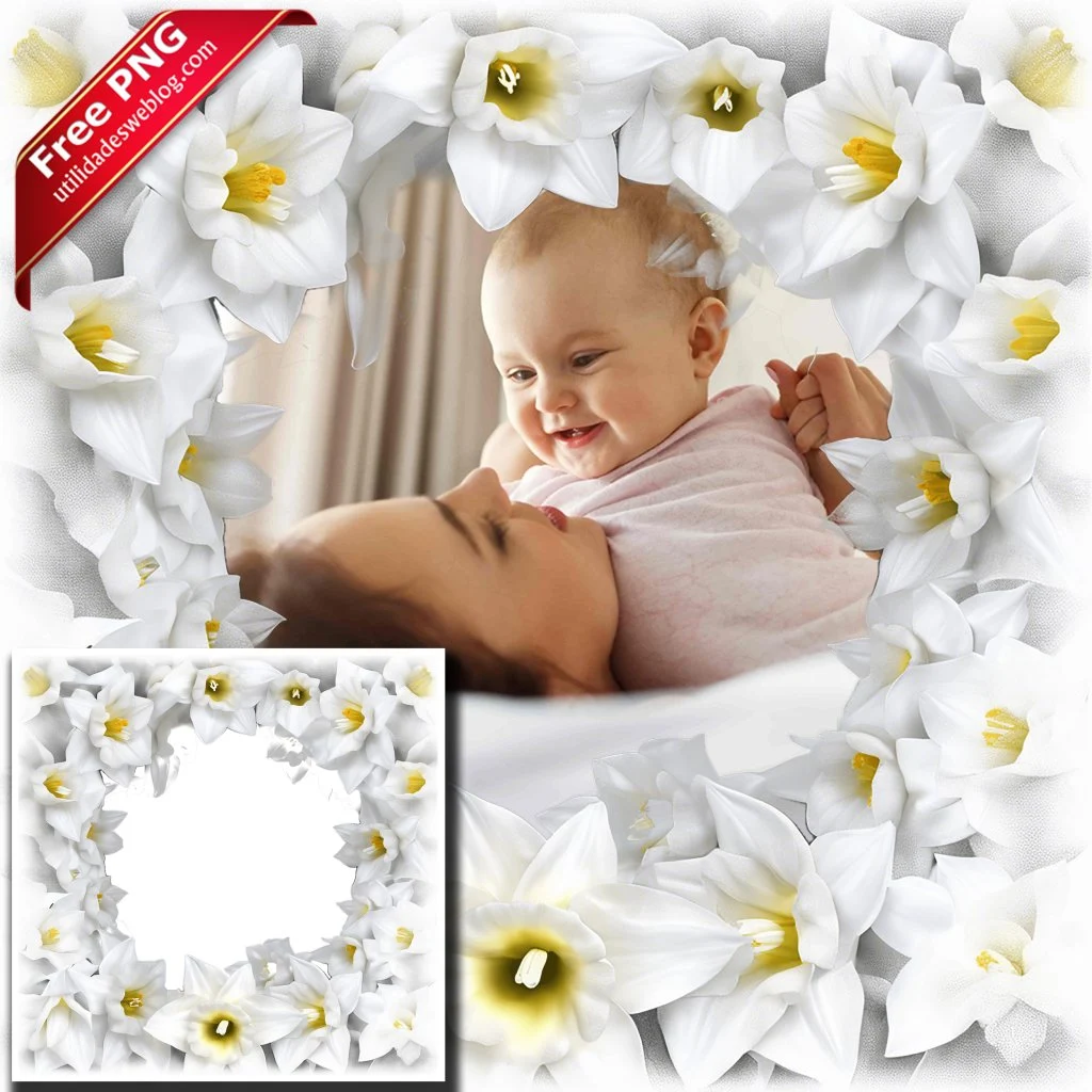 marco para fotos con flores de daffodil o narcisos blancos en png con fondo transparente para descargar gratis