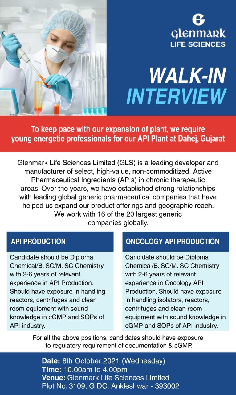 Job Availables,Glenmark Life Sciences  Walk-In-Interview For B.Sc / M.Sc / Diploma