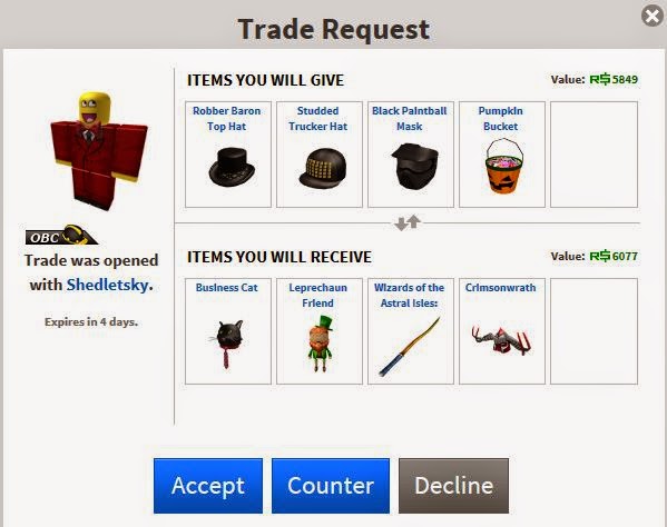 Unofficial Roblox Trade Request From Shedletsky - roblox trading unlimited items