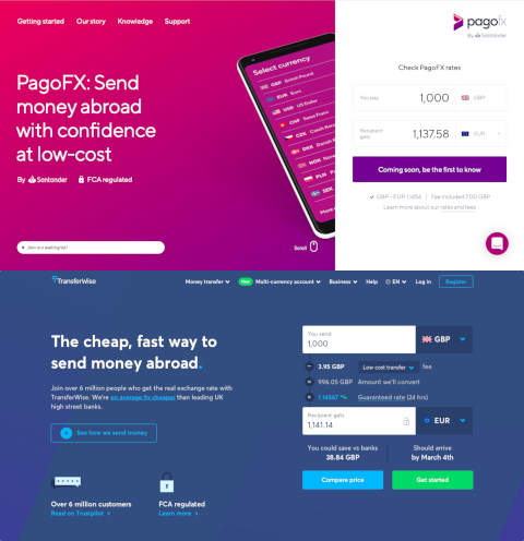 Comparaison des pages d'accueil de PagoFX et TransferWise