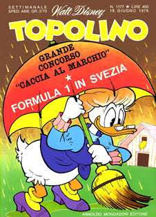 Topolino 1177 - 18 Giugno 1978 | ISSN 1120-611X | CBR 215 dpi | Settimanale | Fumetti Classici | Universo Disney
Numero volumi : IN CORSO
Topolino apparve in Italia il 30 marzo 1930, quando sul n.13 del settimanale torinese Illustrazione del Popolo, diretto da Lorenzo Gigli, fu pubblicata la prima striscia disegnata da Ub Iwerks e intitolata Le avventure di Topolino nella giungla. Due anni dopo si ha il primo libro illustrato italiano con le sue immagini: Sua Altezza Reale il Principe Codarello e, poco più tardi, il 31 dicembre 1932, esce il primo numero di Topolino in formato giornale, edito da Nerbini.
Sulla falsariga del celebre Corriere dei Piccoli, anche Topolino si presentava ai lettori con periodicità settimanale e si apriva con una breve storia in cui le didascalie sono scritte in rima e realizzata da Giove Toppi, che divenne quindi il primo autore Disney italiano. Sul settimanale della Nerbini, comunque, trovano spazio soprattutto le strisce e le tavole realizzate da Floyd Gottfredson. In queste storie vengono anche introdotte delle didascalie in rima, scritte dal primo direttore della rivista, Paolo Lorenzini (detto Collodi Nipote in quanto nipote di Carlo Collodi), e viene anche assegnato il nome definitivo alla spalla di Topolino, ovvero quel Pippo un po' lunatico e un po' svampito che sui libri della Salani veniva ancora chiamato Medoro.
Nerbini non si era assicurato correttamente i diritti di pubblicazione: quando aveva varato la sua rivista, infatti, si era rivolto al Consorzio Cinematografico E.I.A., il distributore dei cortometraggi di Topolino, quando in realtà i diritti per le riviste erano stati dati in mano al giornalista Guglielmo Emanuel dallo stesso Disney. Per cui, per un paio di numeri, la testata passò da Topolino a Topo Lino, per poi riprendere la nota testata con il n.7. Il Topolino Giornale era formato da otto pagine e non conteneva solo storie a fumetti Disney ma anche storie non-Disney che anzi erano di solito la maggioranza delle storie presenti in un numero.
Il numero 137 del Topolino Giornale, dell'11 agosto 1935, segna il passaggio di consegne da Nerbini alla Mondadori. Il fascismo, tuttavia, causò dei problemi al giornale. Dal 1938, il Min.Cul.Pop. (Ministero della Cultura Popolare) impone alla stampa di non editare più i protagonisti del fumetto popolare americano. Il solo Topolino è risparmiato, e così il suo logo e il suo personaggio possono continuare ad esistere nelle edicole italiane, ma in piena seconda guerra mondiale, a partire dal n.476 del 27 gennaio 1942, anche il settimanale è costretto a cedere alle restrizioni. Lo sostituisce Tuffolino, un ragazzetto dalle medesime caratteristiche fisiche, disegnato dal grande illustratore Pierlorenzo De Vita. Con la fine del fascismo, le avventure di Topolino poterono di nuovo essere pubblicate.
Alla fine degli anni quaranta, però, i giornali a fumetti che pubblicavano storie a puntate di non più di due tavole ad episodio erano irrimediabilmente in crisi, e così lo stesso Topolino, le cui vendite erano di gran lunga calate rispetto al periodo d'oro. Mondadori, però, non poteva rinunciare alla rivista da edicola per non perdere i ricchi diritti delle pubblicazioni da libreria, così decise un doloroso ma necessario cambio di formato e periodicità. Nel 1949 nasce così il periodico a fumetti Topolino formato libretto, all'inizio con cadenza mensile, quindi quindicinale e, infine, settimanale, fino a giungere a oggi al suo sessantesimo anniversario e con oltre 3000 numeri usciti, ricchi di storie tra le più famose, con autori da Carl Barks a Romano Scarpa, da Floyd Gottfredson a Giovan Battista Carpi e così via.