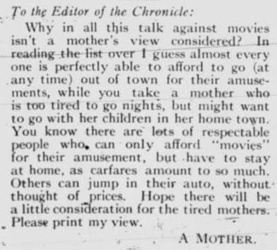 Letter in favor of the movies, from "A Mother" who asked ""Why in all this talk against movies isn't a mother's view considered?"