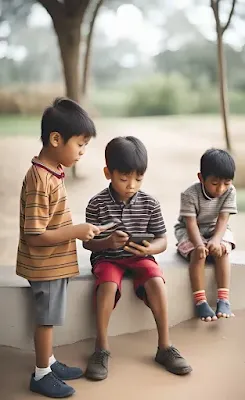 Young children using mobile phone