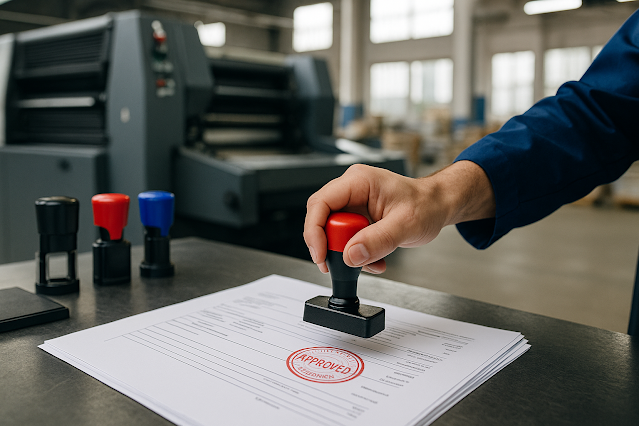 Tangan seorang pekerja sedang mengecap dokumen operasional perusahaan dengan stempel merah di dalam pabrik percetakan modern.