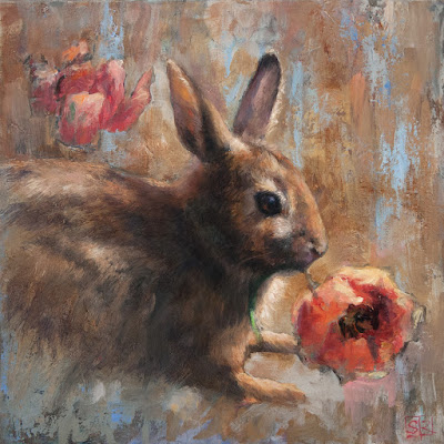 Garden Nemesis, Eastern Cottontail Rabbit, painting, oil on panel, artist Shannon Reynolds © 2016