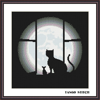 Black cat, mouse and moon cross stitch Cute animals embroidery - Tango Stitch