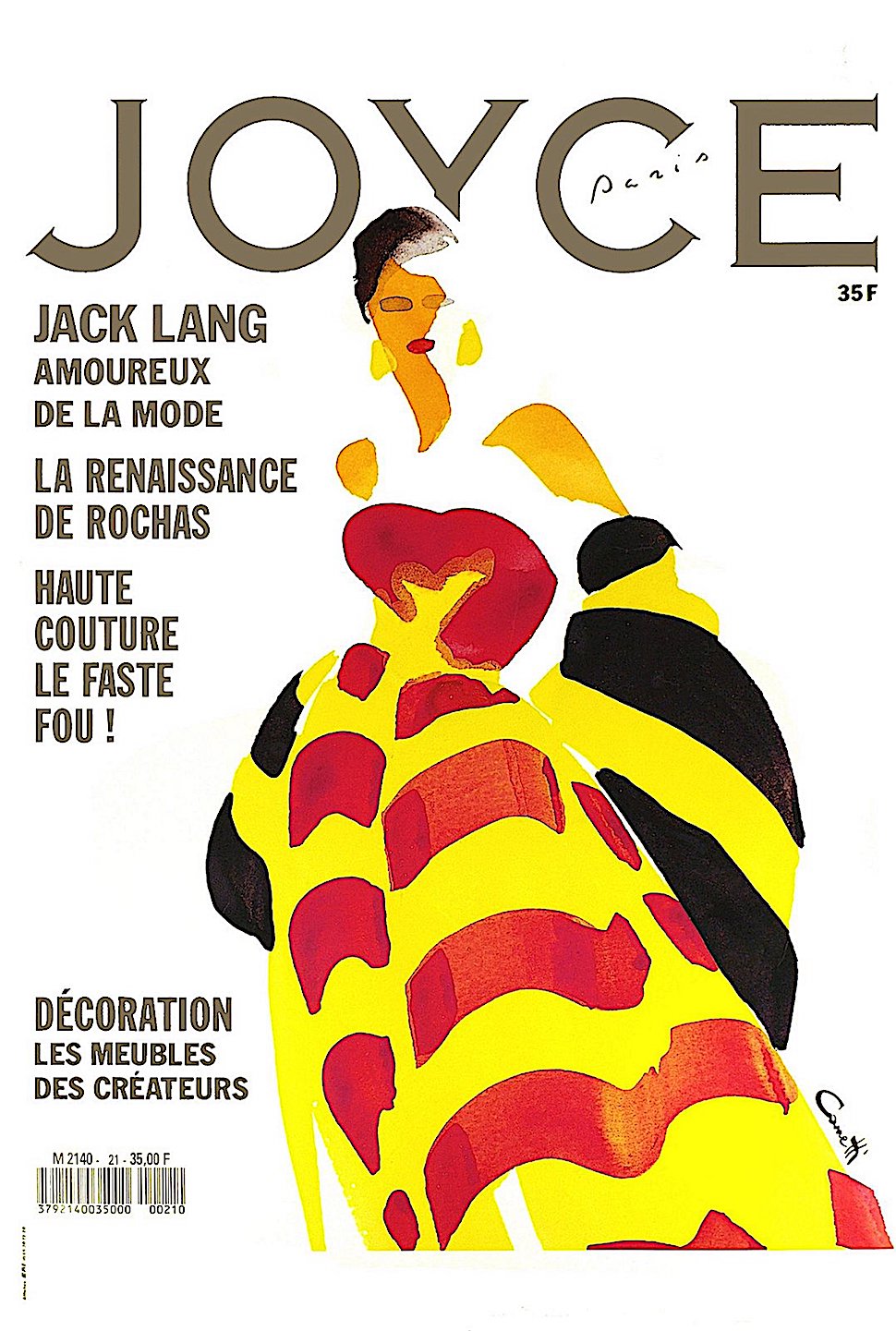 a Michel Canetti 1985 fashion illustration for Joyce Magazine in red yellow black