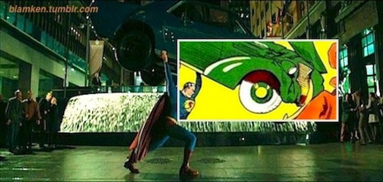 Superman heaving a car over his head in 'Superman Returns' in homage to cover of 'Action Comics' #1, part of which is overlaid onto the movie still