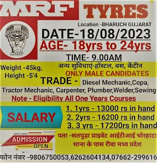 ITI Jobs Open Campus Placement for MRF Tires Company at Satpuda Private ITI Rewa, Madhya Pradesh