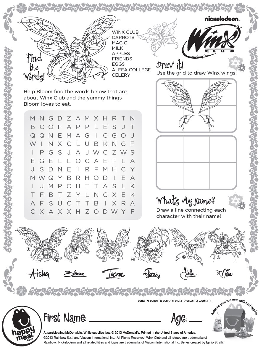 WINX CLUB ACTIVITIES FROM MCDONALD S HAPPY MEAL And Coloring Pages