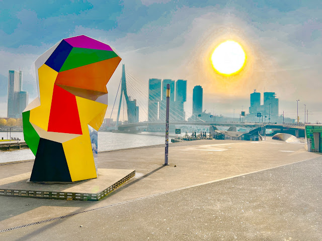 colourful sculpture on the bank of the river in Rotterdam at sunrise