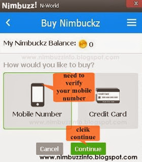 How to buy Nimbuckz in Nimbuzz N-world? verify mobile number and select credit card tab. - www.nimbuzzinfo.blogspot.com