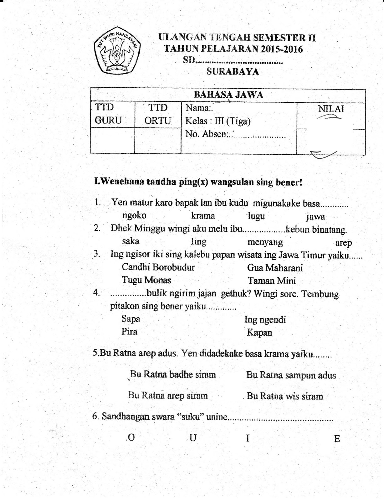 UTS Bhs Jawa semester GENAP ta 2015 2016 sd kelas 3 kurikulum2013